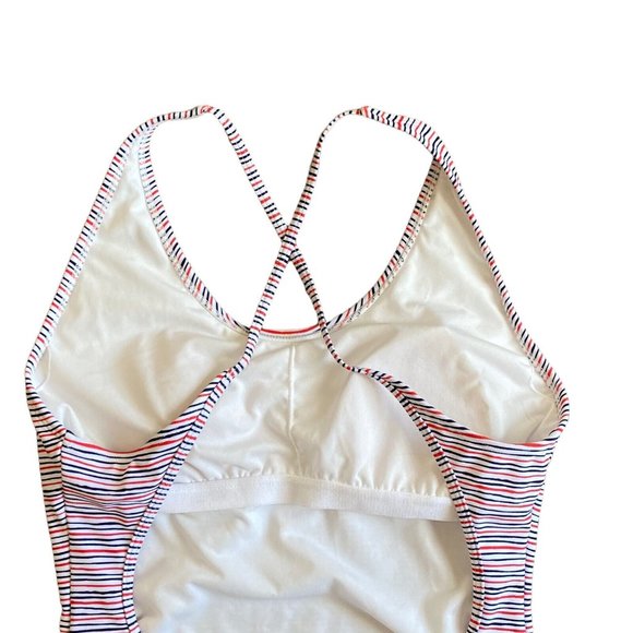 Gap Women's L One Piece Swimsuit Scoop Front Cross Back Stripe Red White Blue - Picture 4 of 9